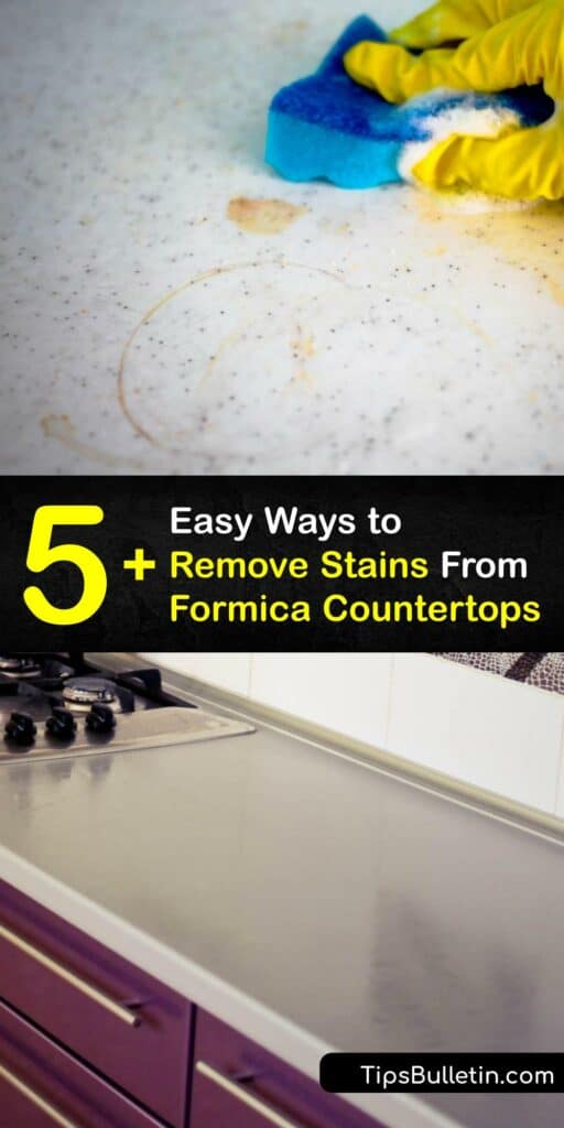 Hard water stains, turmeric stains, or tea stain marks make your laminate countertops look untidy and unsanitary. Clean a Formica countertop without causing damage to the finish using a Magic Eraser, baking soda, dish soap, hydrogen peroxide, and more. #remove #stains #formica #countertops